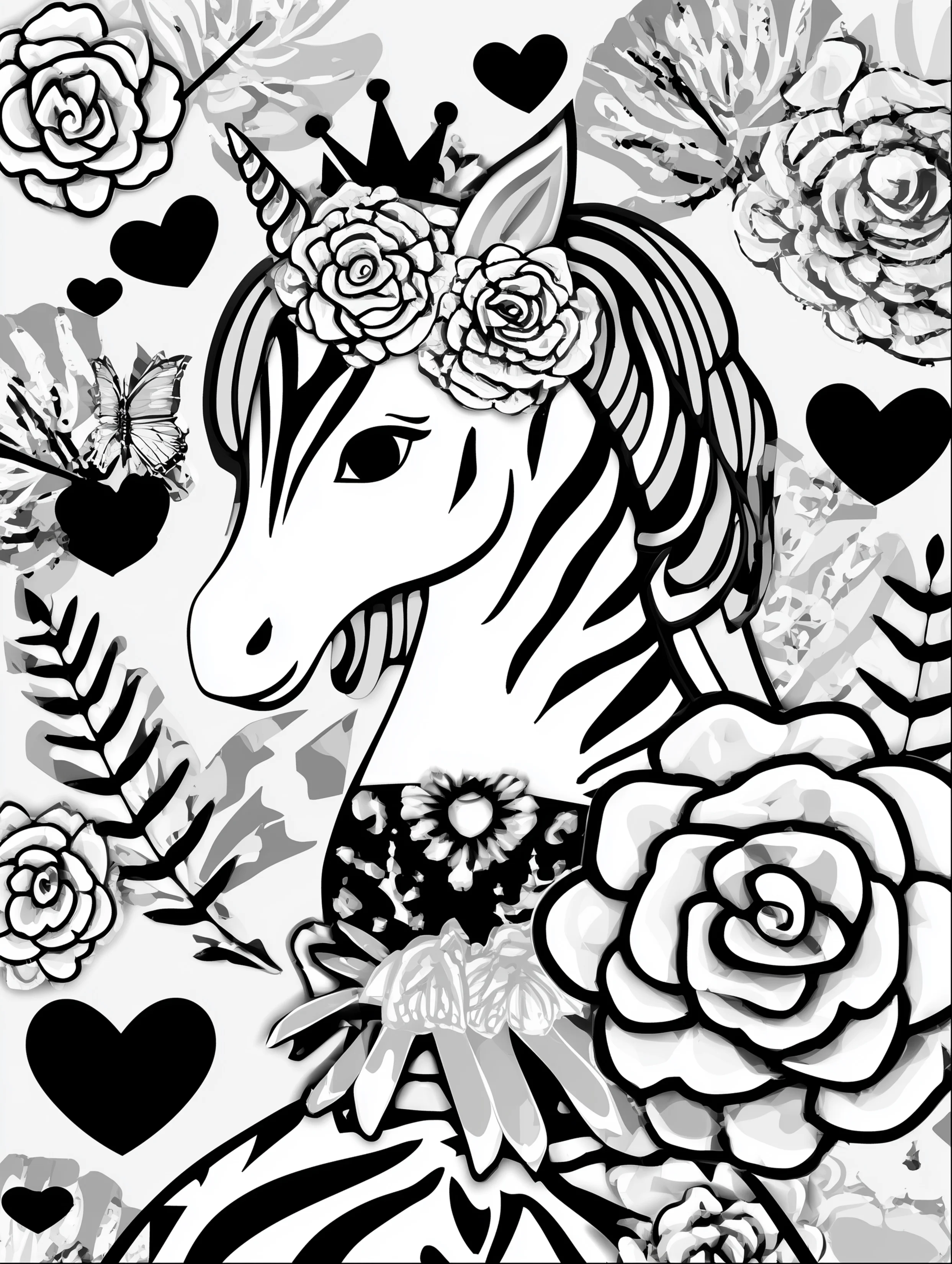 Free printable unicorn coloring page for adults featuring a unicorn wearing a flower crown